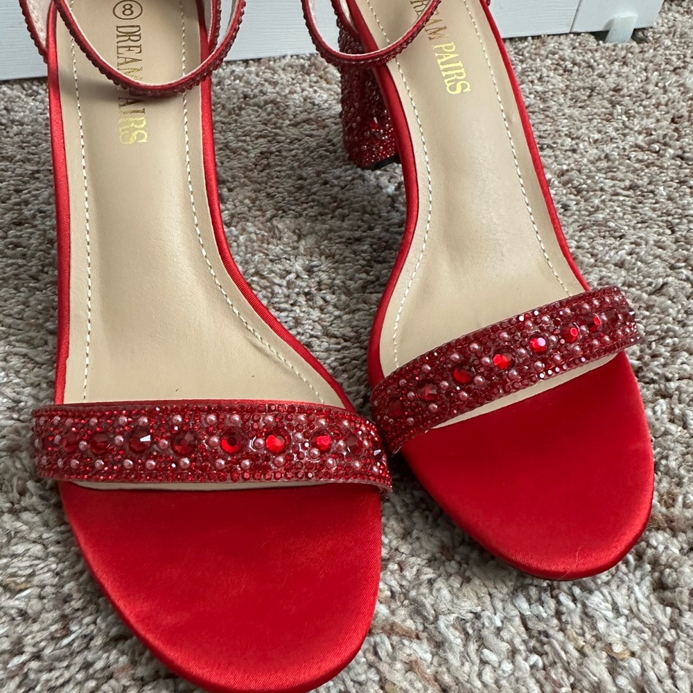 Dream Pairs Red Rhinestone Heels Ankle Strap Block Heel Sandals Ruby Size 8 - Picture 4 of 11